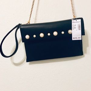 Black Wristlet / Crossbody purse with pearl studs